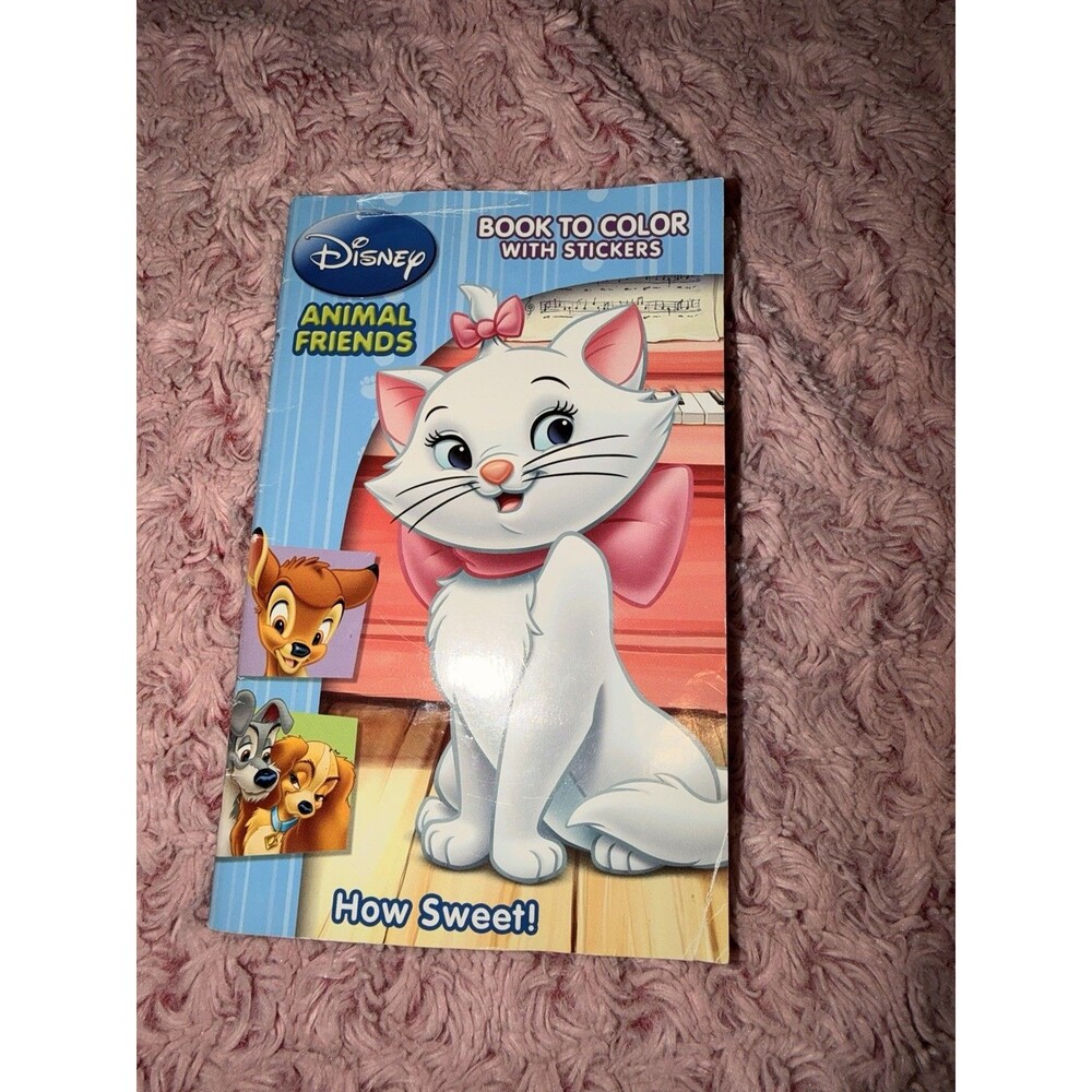 Disney Animal Friends Book to Color W/ Stickers Aristocats Bambi Lady & Tramp